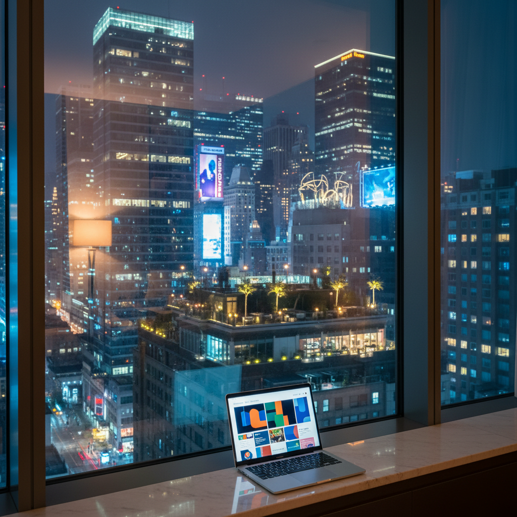 A night-time cityscape viewed through a tall glass window from a refined high-rise interior, the skyline dotted with illuminated billboards, galleries, rooftop gardens, and artful restaurant terraces, all rendered without human figures. In the foreground, a low marble ledge holds a slim laptop showing a grid of abstract style news thumbnails—color fields and geometric shapes that hint at fashion, design, food, and entertainment stories. Cool urban lights mix with a warm, dim interior floor lamp, creating layered reflections on the glass. Photographic realism, shot from a seated eye level with shallow depth of field emphasizing the laptop and window edge, the mood is cosmopolitan and contemplative, evoking sophisticated global style coverage.
