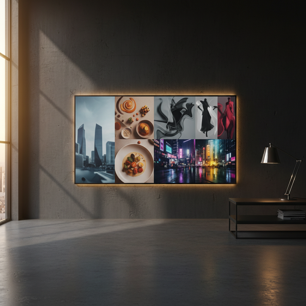 A sleek, frameless OLED screen mounted on a dark concrete wall displays a mosaic of global style news imagery: architectural skylines, artful food plating, abstract fashion silhouettes, and cinematic cityscapes, all subtly blurred to avoid legible text or faces. The room is a minimalist editorial studio with matte black surfaces and a single polished steel desk lamp casting soft, directional light. Golden hour sunlight seeps through a high side window, adding a warm rim glow along the screen’s edge. Photographic realism, shot at eye level with a slightly wide lens, using shallow depth of field so the screen dominates while the studio background gently recedes, creating a sophisticated, forward-looking newsroom atmosphere.