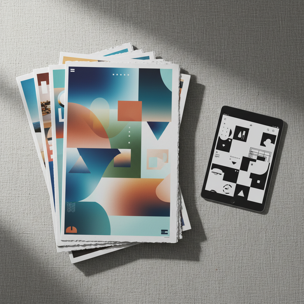 An elegantly stacked arrangement of printed broadsheet pages and glossy magazines lies on a textured linen-covered table, each page filled with abstract blocks and gradients instead of readable headlines or human photos, suggesting fashion, travel, food, and culture coverage. A slim graphite tablet with a monochrome news interface rests beside them, its icons and shapes deliberately non-textual. Soft overcast daylight from a nearby window creates a diffused, neutral glow, revealing paper fibers and subtle shadows between layers. Shot from a slightly elevated angle in photographic realism with sharp focus across the frame, the composition uses rule of thirds, conveying the intersection of traditional journalism and digital style media with a calm, intelligent mood.